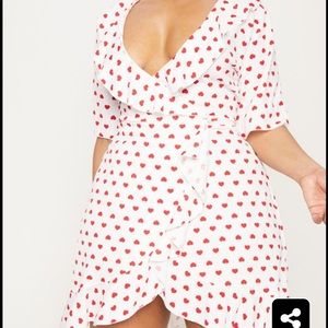 White Heart Print Frill Detail Wrap Dress